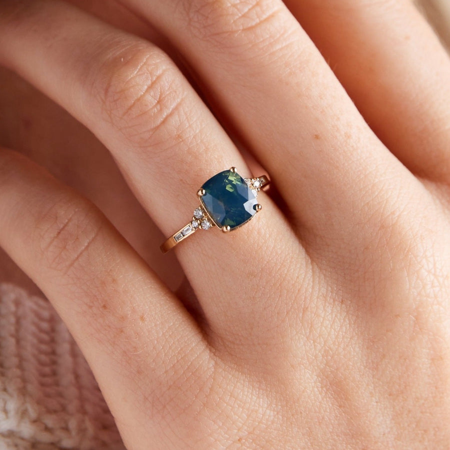 Marigold ring - 3.47 Carat Teal Opalescent Cushion Sapphire