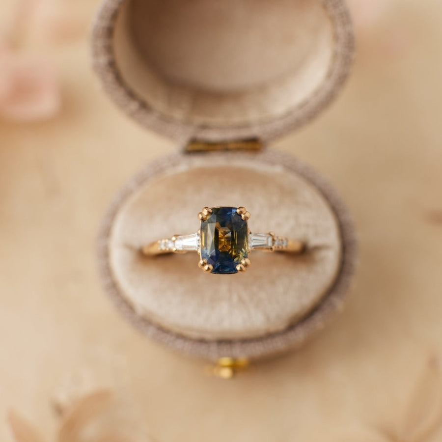 Sylvie ring - 1.51 Carat Yellow + Blue Cushion Cut Sapphire