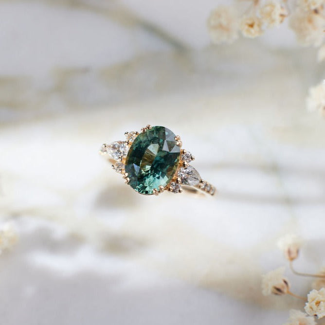 Rosalind Ring - 3.05 Carat Teal Green Oval Sapphire