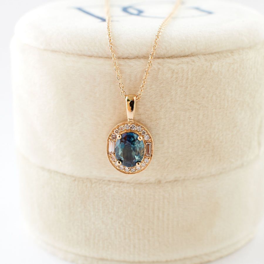 Athena Necklace- 1.39 Carat Teal Green Oval Sapphire