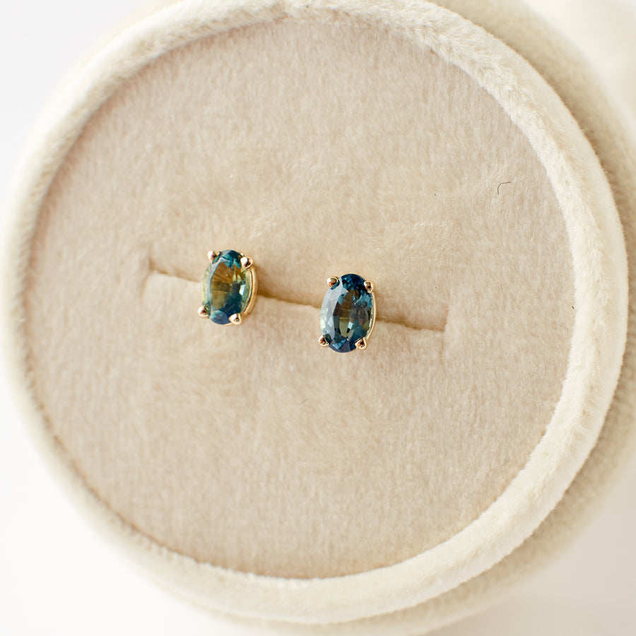Delphine Earrings - Teal Oval Sapphires
